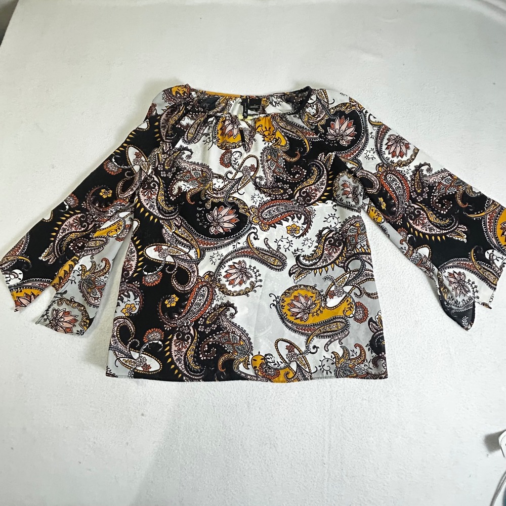 New Directions Womens Small Paisley Bell Sleeve Split Neck‎ Blouse Yellow Black
